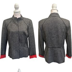 Lafayette 148 New York Wool Blend Blazer Gray Red Contrast Cuff Career Work Sz 8